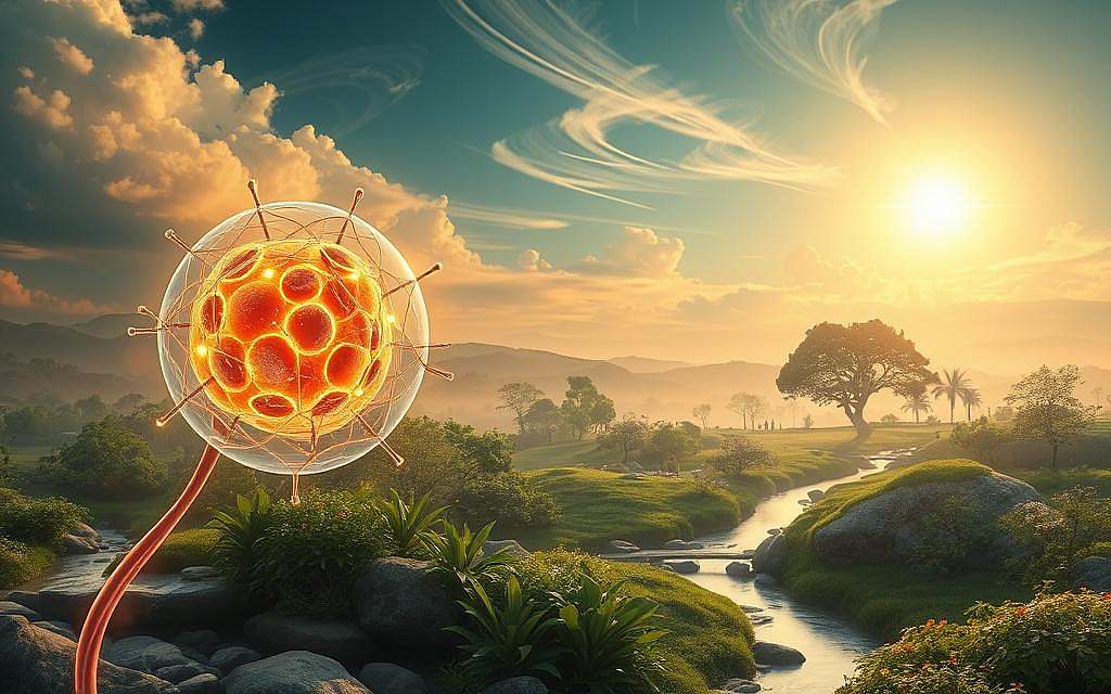A serene, ethereal landscape depicting the interconnectedness of all life. In the foreground, a glowing, holistic cell pulsates with vibrant energy, its intricate structures merging with the surrounding environment. The middle ground features a tranquil garden, where verdant plants and flowing streams symbolize the harmony of body, mind, and spirit. In the background, a vast, luminous sky with wispy clouds conveys a sense of cosmic unity, hinting at the energetic forces that permeate the natural world. Soft, warm lighting bathes the scene, evoking a sense of contemplation and wholeness. The overall image captures the essence of an integrated, holistic approach to cellular biology, where the individual cell is seen as part of a greater, interconnected system.