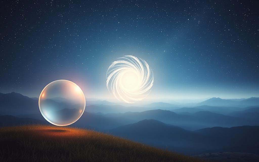 A serene, ethereal landscape depicting the multi-dimensional nature of consciousness. In the foreground, a glowing, semi-transparent sphere hovers, representing the interconnectedness of the physical and spiritual realms. The middle ground features a shimmering, ever-changing vortex of energy, symbolizing the fluidity and dynamism of expanded states of awareness. In the background, a vast, starry sky serves as a canvas for the infinite expanse of the subconscious mind. Soft, diffused lighting creates an atmospheric, meditative ambiance, inviting the viewer to contemplate the mysteries of extrasensory perception.