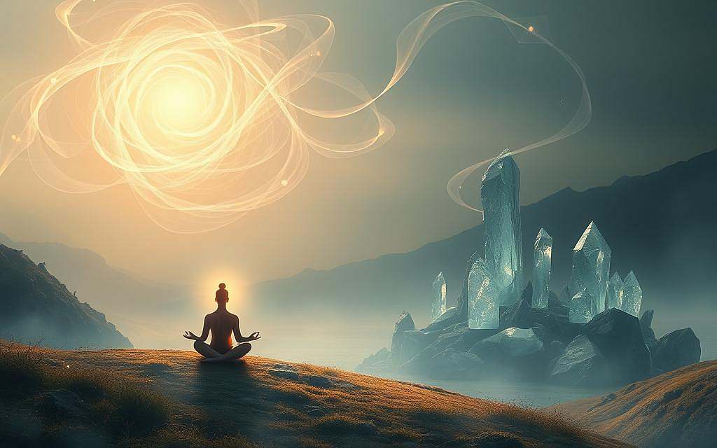 A serene, ethereal landscape where the boundary between physical and metaphysical realms blurs. In the foreground, a figure sits in a meditative pose, their aura emanating a soft, warm glow. Around them, swirling currents of energy and light dance, intertwining in intricate patterns. In the middle ground, crystalline structures rise, reflecting the play of illumination and shadow. The background fades into a hazy, dreamlike expanse, hinting at the mysteries of consciousness and the unseen forces that shape our reality. The scene is bathed in a gentle, diffused lighting, creating an atmosphere of tranquility and contemplation.