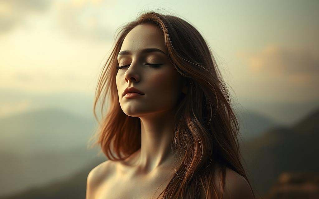 A serene, ethereal portrait of a feminine figure surrounded by a halo of soft, diffused light. In the foreground, the woman's face is tranquil and introspective, her eyes closed in meditation. Her long, flowing hair cascades around her shoulders, echoing the gentle curves of her form. The background is a dreamlike, abstract landscape, with muted, pastel-like tones suggesting a sense of spiritual connection and inner awareness. The overall mood is one of introspection, contemplation, and a deep understanding of the divine feminine. Shot with a wide-angle lens and dramatic chiaroscuro lighting, this image evokes a profound reverence for the spiritual aspect of womanhood.
