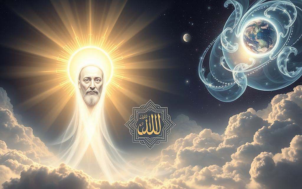 A serene, ethereal scene of Allah, the supreme deity of Islam, surrounded by his divine attributes. In the foreground, a majestic, luminous figure with a calming, benevolent expression radiates an aura of pure, celestial light. Intricate Islamic geometric patterns and calligraphic elements fill the middle ground, evoking the rich tapestry of Allah's 99 names and qualities. In the background, a vast, luminous realm of swirling clouds and celestial bodies suggests the boundless expanse of Allah's power and omniscience. The image conveys a sense of reverence, tranquility, and profound spiritual connection with the divine.