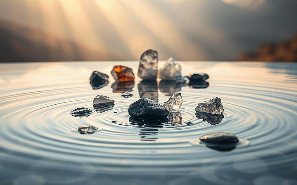 A serene, ethereal scene of "Wasserbelebung" (water revitalization) featuring delicate quartz crystals and the powerful Shungite stone. The foreground showcases a tranquil pool of still, crystal-clear water, its surface gently rippled by the placement of the stones. Beams of soft, warm light filter in from an unseen source, casting a cozy, inviting glow upon the scene. In the middle ground, the Shungite and quartz crystals are arranged in a harmonious, almost meditative pattern, their varied shapes and textures creating a visually captivating display. The background subtly fades into a serene, misty landscape, hinting at the calming, rejuvenating atmosphere. The overall composition conveys a sense of balance, purity, and the potent energetic properties of these natural elements, inspiring a feeling of well-being and connection to the natural world.