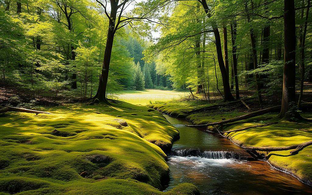 A serene forest landscape, with sunlight filtering through the canopy of lush, verdant trees. In the foreground, a tranquil stream meanders, its crystal-clear waters reflecting the surrounding foliage. Soft moss carpets the forest floor, inviting exploration and connection with the natural world. In the middle ground, a small clearing opens up, revealing a picturesque meadow dotted with wildflowers in bloom. The scene exudes a sense of balance, harmony, and rejuvenation, capturing the essence of the human connection to the natural environment and its positive influence on well-being.