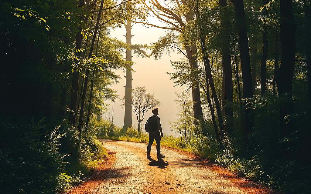 A serene forest path winds through lush foliage, sunlight filtering through the canopy. In the foreground, a lone traveler stands at a crossroads, contemplating the challenges that lie ahead on their journey of self-discovery. The middle ground reveals the silhouettes of towering trees, their branches reaching skyward, symbolizing the height of personal growth. The background fades into a hazy, dreamlike horizon, evoking a sense of the unknown and the boundless possibilities that await. The scene is bathed in a warm, golden glow, conveying a sense of hope and determination. The overall atmosphere is one of introspection, transformation, and the pursuit of true fulfillment.