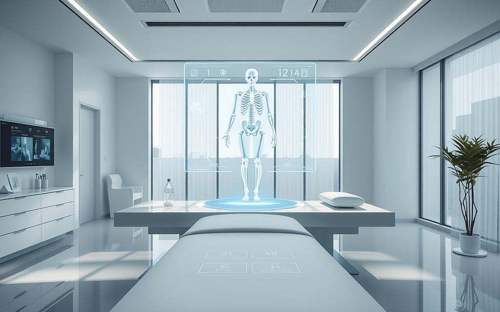 A serene, futuristic medical office interior. The foreground features a sleek, white osteopathic treatment table adorned with touchscreen interfaces and holographic displays. Midground shows a floating projection of a 3D skeletal model, with overlaid diagnostic data. The background depicts clean, minimalist architecture with large windows allowing natural light to stream in, creating a calming, high-tech ambiance. Soft, indirect lighting and muted color tones evoke a sense of tranquility and innovation. The overall scene conveys the seamless integration of digital technology into the practice of osteopathic medicine, reflecting the latest advancements in the field.