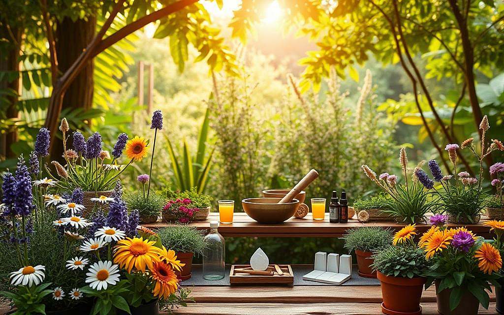 A serene garden oasis, vibrant with the colors and textures of natural healing remedies. In the foreground, an array of potted medicinal herbs and flowers - chamomile, lavender, echinacea - arranged in a harmonious display. Midground, a wooden table holds an array of complementary modalities - crystal bowls, incense, essential oils, and other holistic tools. Soft, warm lighting filters through the canopy of lush greenery in the background, creating a calming, therapeutic atmosphere. The scene evokes a sense of balance, harmony, and the profound connection between mind, body, and spirit.