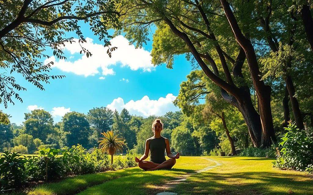 A serene garden path winding through a lush forest, dappled sunlight filtering through the canopy above. In the foreground, a person sits in a cross-legged meditation pose, their eyes closed in deep contemplation. The air is calm and still, inviting the viewer to slow down and connect with the present moment. The scene is bathed in warm, golden tones, radiating a sense of peace and inner clarity. Soft, ethereal clouds drift across a vibrant blue sky in the distance, symbolizing the clarity and focus achieved through the practice of mindfulness.