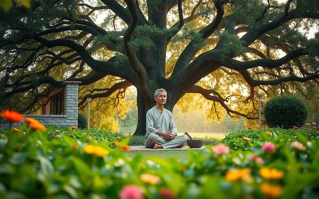 A serene garden setting, with lush greenery and vibrant flowers in the foreground. In the middle ground, a traditional healing practitioner sits cross-legged, holding a mortar and pestle, preparing a natural remedy. Soft, diffused light filters through the canopy, creating a warm, contemplative atmosphere. In the background, a towering oak tree stands as a silent witness, its branches casting gentle shadows across the scene. The overall composition conveys a sense of balance, harmony, and the integration of alternative therapies into holistic healthcare.