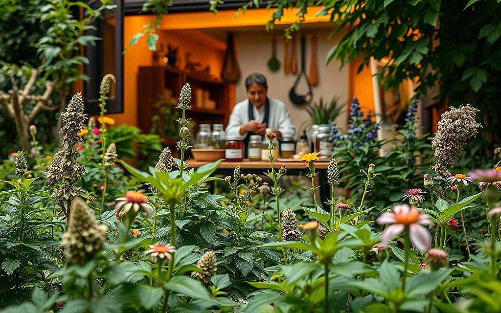 A serene garden setting with lush, vibrant medicinal plants in the foreground. In the middle ground, a traditional herbalist prepares natural remedies, surrounded by a display of various dried herbs and flowers. The background features a warm, softly lit interior, hinting at the integration of complementary medicine into a modern healthcare setting. The lighting is natural, with gentle shadows and highlights accentuating the organic textures and colors of the plants. The overall mood is one of tranquility, balance, and the harmonious blending of traditional and modern healing practices.