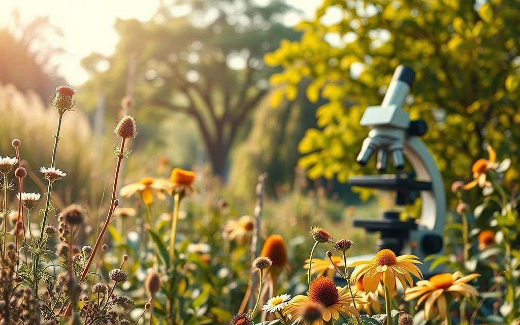 A serene herbal garden bathed in warm, natural light. In the foreground, clusters of fragrant medicinal plants such as sage, chamomile, and echinacea sway gently. In the middle ground, a researcher intently examines a sample under a vintage microscope, representing the intersection of traditional knowledge and modern scientific inquiry. In the background, a towering ginkgo tree and a sprawling hawthorn bush symbolize the enduring legacy of these time-honored remedies. The overall scene conveys a harmonious balance between the timeless wisdom of nature and the advancements of contemporary phytomedicine research.