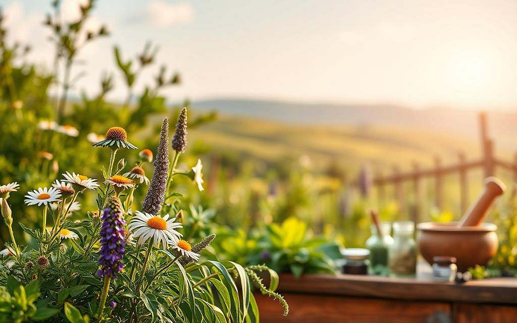 A serene herbal garden in warm, diffused natural light. In the foreground, lush green plants and vibrant flowers - chamomile, echinacea, sage - arranged in a harmonious composition. The middle ground features a wooden table with various herbal remedies, mortars, and pestle, conveying the artisanal process of phytotherapy. The background is a softly blurred landscape of rolling hills and a clear sky, evoking a sense of tranquility and connection to nature. The overall atmosphere is one of balance, wellness, and the gentle power of plant-based healing.
