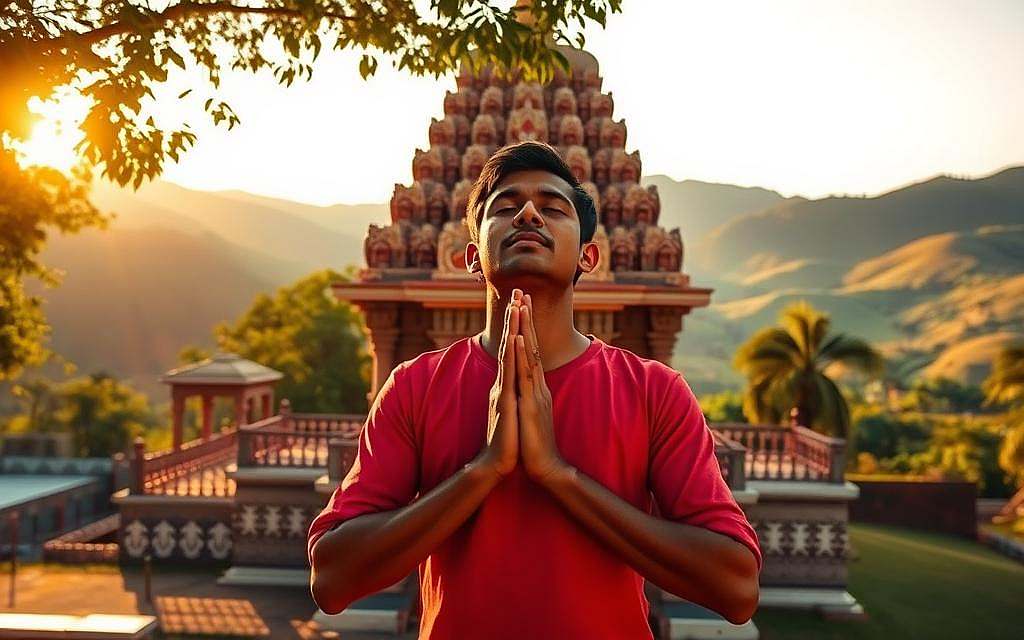 A serene Hindu temple nestled in the lush Indian countryside, bathed in warm, golden sunlight. In the foreground, a devout worshipper stands in the traditional Namaste pose, hands pressed together in reverence, eyes closed in a moment of profound spiritual contemplation. The temple's intricate architecture, adorned with ornate carvings and vibrant colors, reflects the rich cultural heritage of India. In the background, verdant hills and a cloudless sky create a tranquil, harmonious atmosphere, evoking a sense of timelessness and the connection between the earthly and the divine. The scene exudes a profound sense of peace, humility, and the sacred nature of the Namaste gesture as a embodiment of the divine within us all.