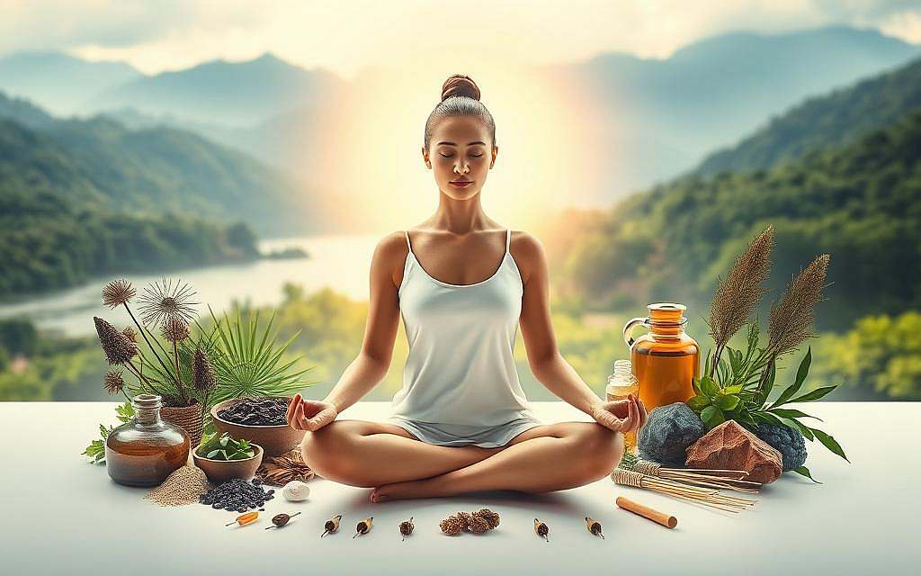 A serene, holistic scene depicting the integration of mind and body in the field of integrative medicine. In the foreground, a person sits in a meditative lotus pose, their face calm and serene, surrounded by a warm, glowing aura. In the middle ground, various natural remedies and therapies such as herbs, crystals, and acupuncture needles are arranged artfully. The background features a lush, verdant landscape with mountains and a calming river, symbolizing the harmony between the inner and outer realms. The lighting is soft and diffused, creating a tranquil, contemplative atmosphere. The composition is balanced and symmetrical, reflecting the principles of holistic well-being.