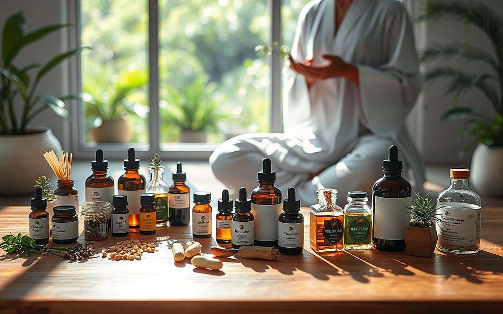 A serene holistic wellness scene featuring N-Acetylcysteine (NAC) as a key natural medicine ingredient. In the foreground, an assortment of herbal supplements, tinctures, and essential oils are neatly arranged on a wooden table, casting soft shadows. In the middle ground, a practitioner in flowing robes gently prepares a natural remedy, their hands skilled and purposeful. The background depicts a tranquil meditation space, with a large window framing a lush, verdant garden. Gentle natural light filters in, creating a calming, restorative atmosphere. The overall scene conveys the integration of NAC into holistic, complementary healthcare practices, emphasizing its versatility and therapeutic potential.