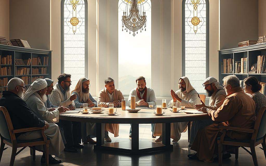 A serene interfaith gathering, where representatives from diverse religious traditions sit in thoughtful discussion. The foreground depicts a circular table, each member offering a symbolic gesture or artifact from their faith. Soft natural lighting filters through stained glass windows, casting a warm, contemplative glow. In the middle ground, shelves of ancient scriptures and religious texts line the walls, hinting at the deep well of wisdom being shared. The background fades into a tranquil, ethereal landscape, suggesting the universal spirituality that unites these traditions. The overall mood is one of respectful dialogue, mutual understanding, and a shared search for the divine.