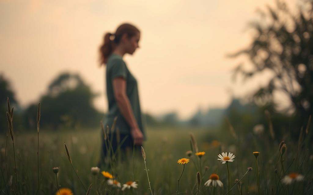A serene, introspective figure stands alone in a tranquil meadow, surrounded by lush greenery and a softly overcast sky. Warm, diffused lighting bathes the scene, creating a sense of self-reflection and inner peace. The figure's face is partially obscured, emphasizing their journey of self-acceptance and understanding. In the foreground, delicate wildflowers dot the ground, symbolizing the beauty and fragility of the individual's emotional growth. The overall composition evokes a sense of solitude and contemplation, inviting the viewer to explore the path of Selbstakzeptanz.