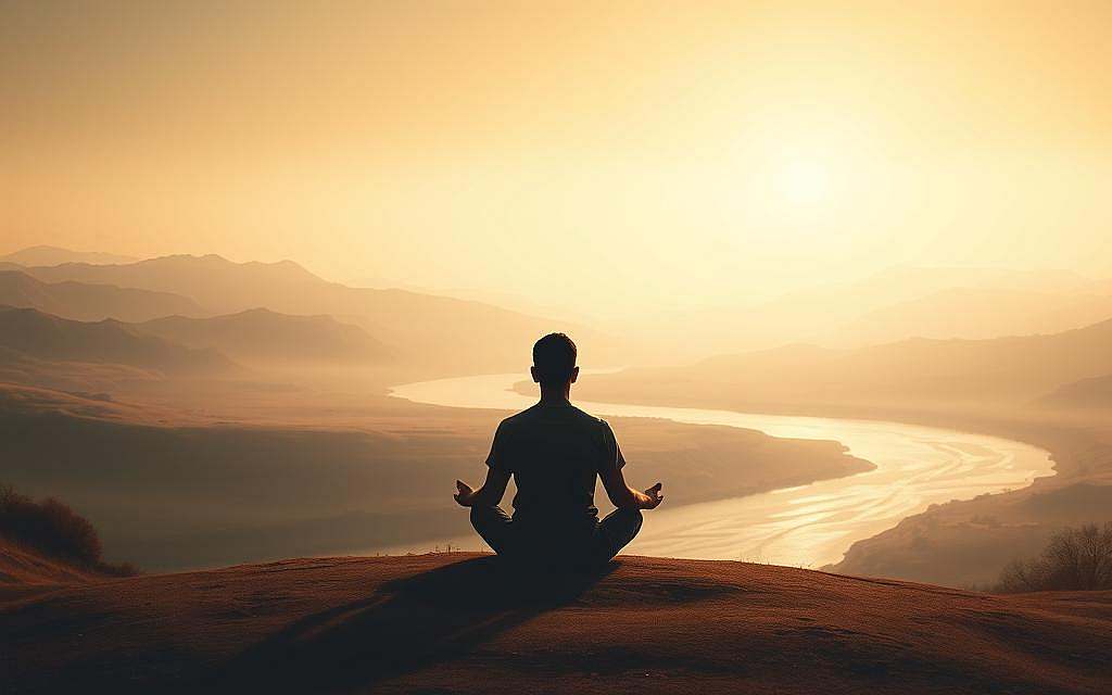A serene, introspective landscape depicting the unity of Atman and Brahman. In the foreground, a solitary human figure sits cross-legged in a meditative pose, their eyes closed in deep contemplation. The middle ground features a gently flowing river, its surface reflecting the boundless sky above. In the background, rolling hills and mountains rise up, their majestic silhouettes suggesting the vastness and grandeur of the Absolute. The scene is bathed in a warm, diffused light, creating an atmosphere of tranquility and spiritual resonance. Soft, earthy tones predominate, with subtle highlights and shadows that accentuate the depth and dimensionality of the composition. The overall mood is one of unity, harmony, and the dissolution of the individual self into the universal consciousness.