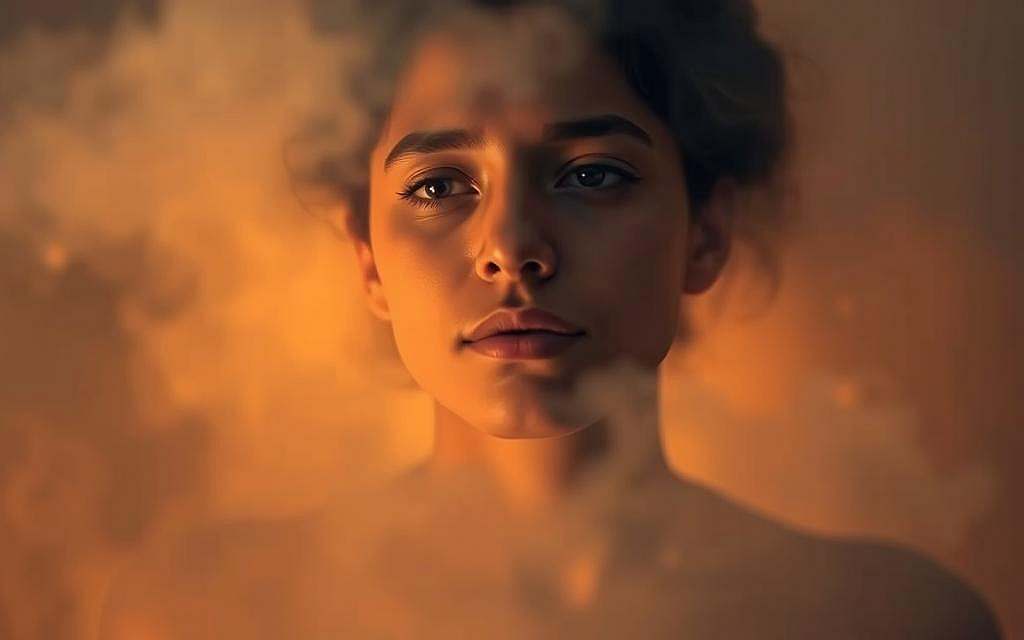 A serene, introspective portrait of a person in deep contemplation, surrounded by a hazy, dreamlike environment. The subject's face is illuminated by soft, warm lighting, their expression conveying a sense of emotional awareness and inner wisdom. The background features subtly shifting, abstract shapes and colors that evoke the fluid, intuitive nature of emotional intelligence. The overall composition has a harmonious, balanced feel, inviting the viewer to pause and reflect on the power of self-discovery.