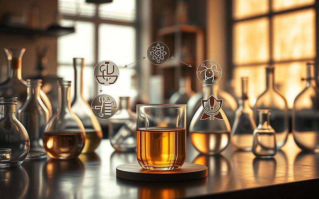 A serene laboratory setting, with delicate glassware, beakers, and scientific instruments arranged in a harmonious composition. Warm, natural lighting bathes the scene, casting soft shadows and highlighting the intricate details. In the foreground, a central figure - a glass container filled with a luminous, golden liquid, representing the essence of "Novosiden." Surrounding it, subtle symbols and icons symbolize the synergistic effects on the metabolism, immune system, and nervous system. The background features a muted, earthy color palette, conveying a sense of balance and tranquility, as if the viewer is witnessing the convergence of science and nature. The overall tone is one of understated elegance, inviting the viewer to contemplate the interplay of the various elements.