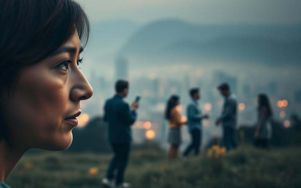 A serene landscape depicting the concept of emotional intelligence. In the foreground, a soft-focus portrait of a thoughtful individual, their expression conveying empathy and self-awareness. The middle ground features a group of people engaged in warm, connected interactions, their body language and facial expressions showcasing emotional attunement. In the background, a hazy cityscape or natural setting, symbolizing the wider context in which emotional intelligence plays a role. Lighting is muted and atmospheric, with a focus on creating a contemplative, relational mood. The overall composition and aesthetic suggest the importance of emotional intelligence in fostering healthy, fulfilling relationships.