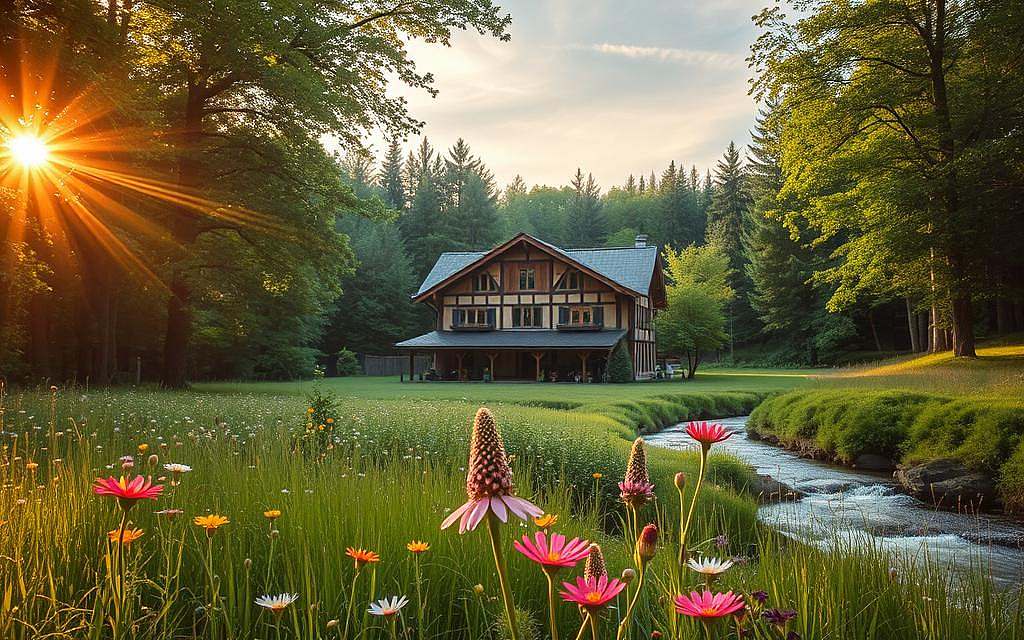 A serene landscape in the heart of nature, where the ancient wisdom of Naturheilkunde thrives in harmony with modern advancements. A verdant forest canopy filters warm, golden light, casting a tranquil glow upon a lush meadow. At the center, a traditional healing sanctuary stands, its timber-framed architecture blending seamlessly with the surrounding environment. Vibrant wildflowers dot the foreground, their delicate petals swaying gently in a soft breeze. In the distance, a flowing stream reflects the sky's shifting hues, creating a soothing, calming atmosphere. This image conveys the balance between traditional and contemporary approaches to health and wellness, embodying the essence of Naturheilkunde.