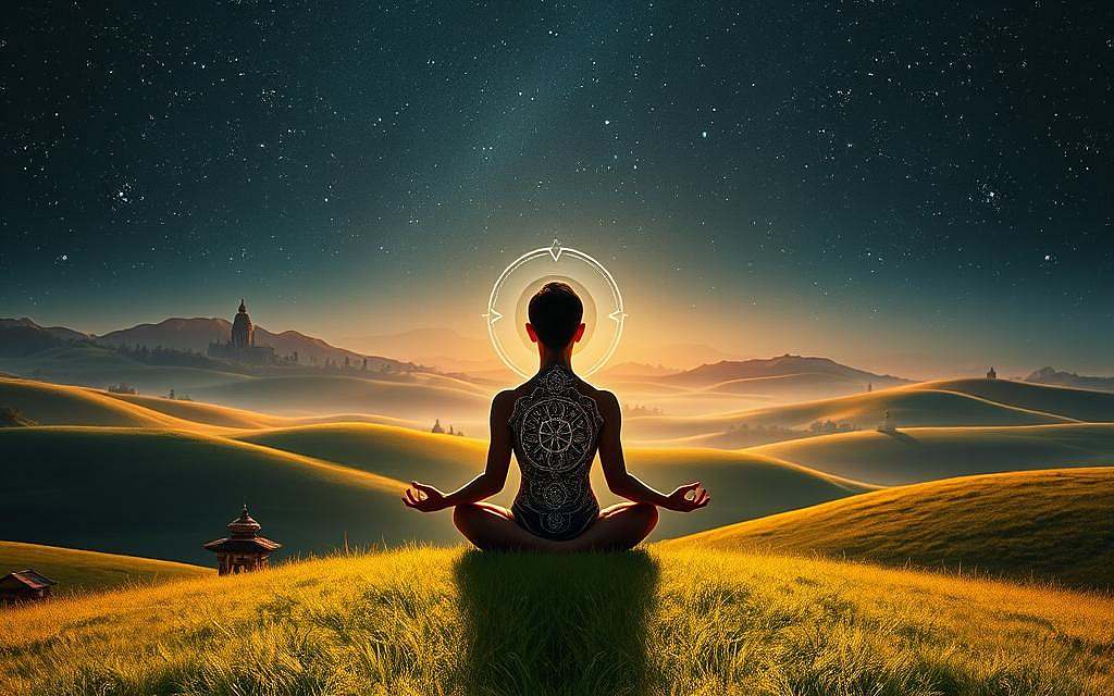 A serene landscape of rolling hills and verdant meadows, bathed in soft, warm light. In the foreground, a lone figure sits in a lotus position, eyes closed in deep contemplation. Intricate patterns and symbols emanate from their body, reflecting the spiritual energy they channel. In the middle ground, ancient temples and shrines dot the horizon, their timeless architecture evoking a sense of timelessness and connection to the divine. The background is filled with a starry night sky, the cosmos serving as a metaphor for the expansive, boundless nature of the self. The overall atmosphere is one of tranquility, introspection, and a profound sense of oneness with the universe.
