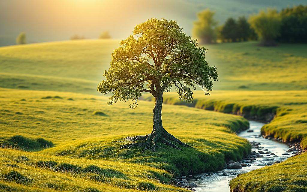 A serene landscape with a central focus on a tree symbolizing the salutogenic approach to health. The tree stands tall, its roots firmly grounded, representing the inherent strengths and resources within an individual. The branches stretch upwards, signifying growth and resilience. The background is a tranquil meadow, with lush greenery and a gentle stream winding through, conveying a sense of balance and harmony. Soft, warm lighting illuminates the scene, creating a peaceful and nurturing atmosphere. The composition emphasizes the interconnectedness of the individual, their environment, and the principles of prevention and health promotion, as envisioned through the lens of salutogenesis.