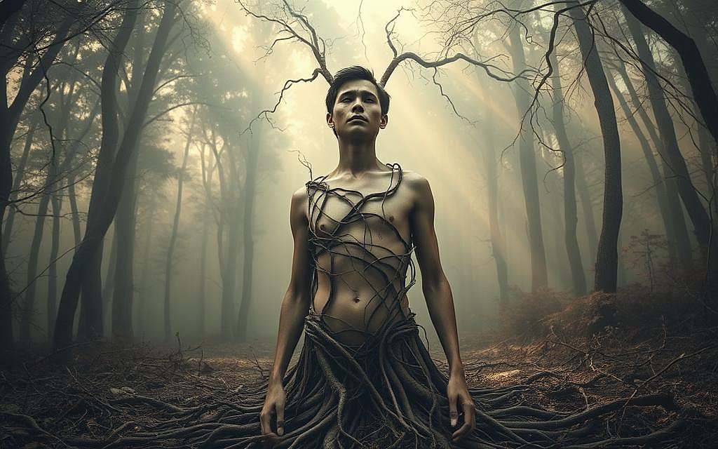 A serene landscape with a human figure at the center, their body intertwined with a network of intricate vines and roots. The figure's expression conveys a sense of both struggle and resilience. In the background, a hazy, dreamlike forest, with shafts of soft, warm light filtering through the canopy. The overall atmosphere is one of contemplation, highlighting the intimate connection between the physical body and the unseen forces that shape our wellbeing. The scene is rendered with a muted, earthy color palette, emphasizing the holistic, organic nature of chronic conditions. A detailed, textural style with a slight vintage aesthetic, captured through a wide-angle lens to convey a sense of depth and immersion.