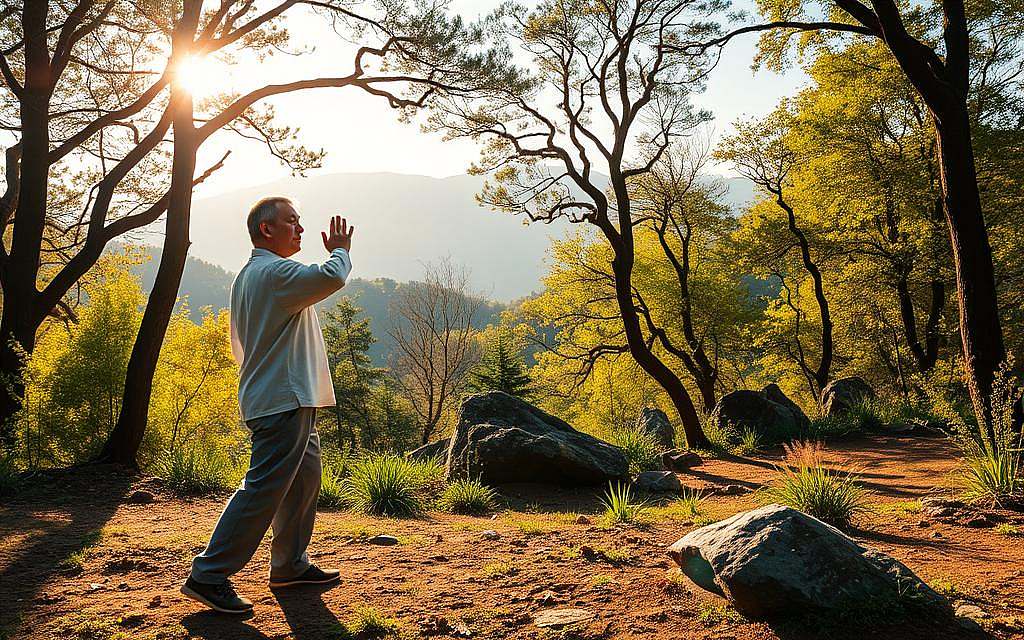A serene landscape with a person practicing Qigong in the foreground, surrounded by a peaceful forest. Sunlight filters through the trees, casting a warm glow on the scene. The practitioner's movements are fluid and graceful, their face expressing a sense of focus and inner calm. In the middle ground, there are lush plants and rocks, creating a natural and earthy atmosphere. The background features distant mountains, adding a sense of depth and tranquility. The overall mood is one of emotional resilience, balance, and harmony between the body, mind, and nature.