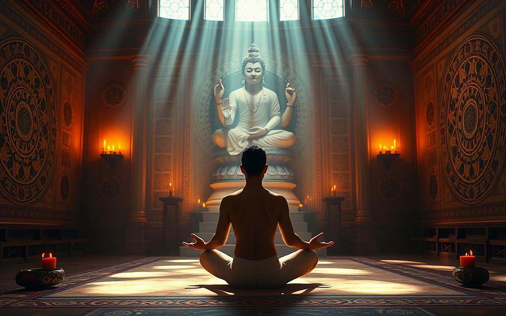 A serene meditation chamber, bathed in warm, soft lighting. In the foreground, a lotus-position figure sits in deep contemplation, the palms gently resting on the knees. Behind them, a towering, ornate statue of a deity, radiating a sense of divine presence. Intricate mandalas and sacred symbols adorn the walls, creating an atmosphere of profound spirituality. The air is filled with the gentle fragrance of incense, guiding the mind toward inner tranquility. A sense of timelessness pervades the scene, as the meditator becomes one with the ancient wisdom of the mantras. Ethereal rays of light filter through the windows, casting a celestial glow upon the entire space, inviting the viewer to pause and reflect on the power of meditation and sacred chants.