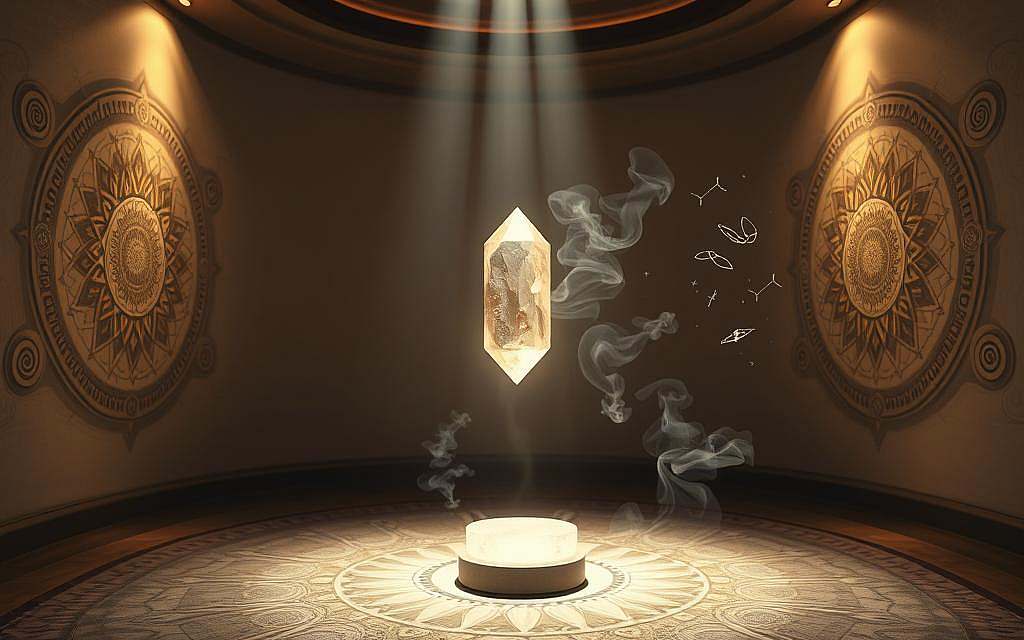A serene meditation chamber illuminated by soft, diffused lighting. The walls are adorned with intricate mandalas and geometric patterns, radiating a sense of harmony and balance. In the center, a levitating crystal hovers, emanating a subtle glow that seems to resonate with the surrounding energy field. Wisps of incense drift through the air, creating a calming, almost mystical atmosphere. Holographic displays flicker with abstract representations of quantum phenomena, hinting at the unseen forces at play. The overall scene conveys a deep sense of interconnectedness, inviting the viewer to experience the transformative power of quantum healing.