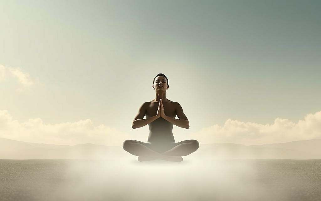 A serene meditation scene, with a figure sitting in a lotus position, eyes closed, hands resting on their lap. The background is a tranquil, minimalist landscape, with soft lighting filtering through wispy clouds. The figure is surrounded by an aura of calm, conveying a sense of deep inner focus and connection. The overall atmosphere is one of introspection, stillness, and heightened awareness, reflecting the role of meditation and mindfulness in enhancing perception and intuition.