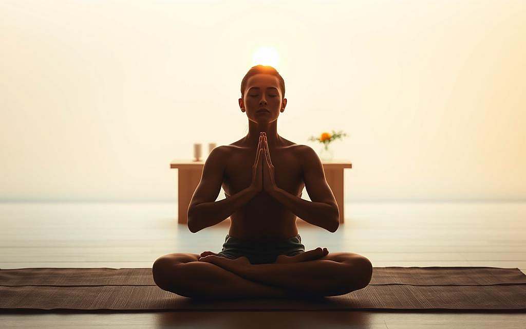 A serene, meditative scene depicting the ancient practice of Namaste. In the foreground, a person sits cross-legged, palms together in prayer position at their heart center, eyes gently closed in deep concentration. Soft, warm lighting bathes the figure, creating a halo-like effect. In the middle ground, a simple altar adorned with candles, incense, and a single flower offers a space for contemplation. The background features a tranquil, minimalist environment, perhaps a peaceful garden or a softly lit room, conveying a sense of harmony and inner reflection. The overall mood is one of profound stillness, reverence, and a connection to the divine within.
