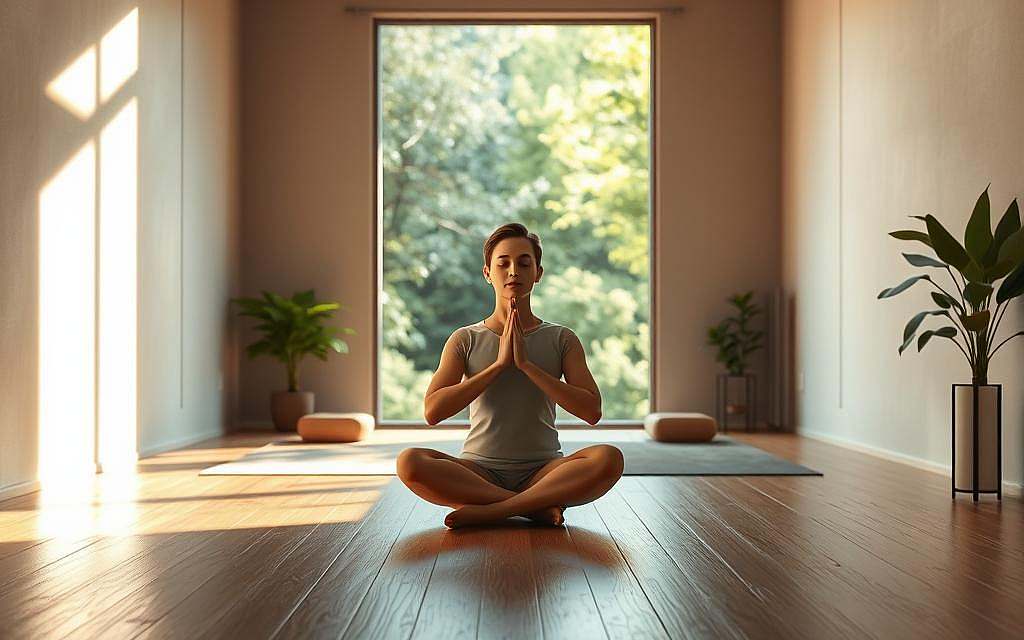A serene, meditative scene depicting the concept of "Namaste Authentizität" (Authentic Presence). In the foreground, a person sits cross-legged on a wooden floor, hands pressed together in a traditional Namaste gesture. Soft, diffused lighting illuminates their serene expression, conveying a sense of inner peace and connection. The middle ground features a minimalist, zen-inspired room with neutral-toned walls and simple, geometric furnishings. In the background, a large window offers a view of a lush, verdant garden, symbolizing the harmony between the spiritual and natural worlds. The overall atmosphere is one of tranquility, authenticity, and the embodiment of the deeper meaning of "Namaste" - the recognition of the divine within oneself and others.