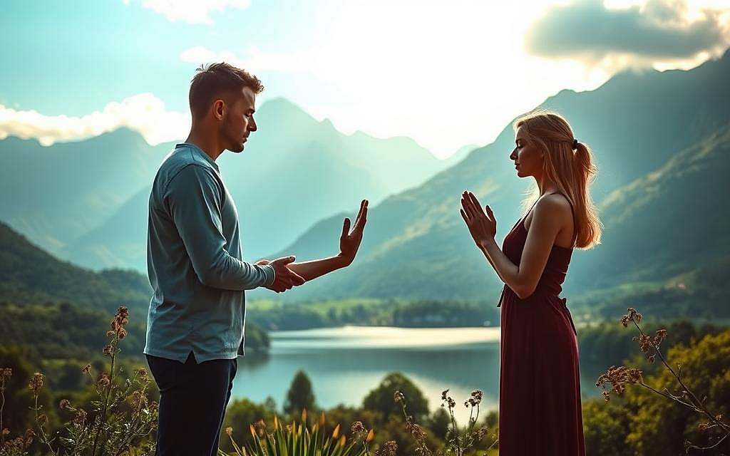 A serene, meditative scene depicting the profound essence of "Namaste Verbundenheit". In the foreground, two individuals stand facing each other, palms pressed together in the traditional Namaste gesture, their eyes closed in reverence. Their posture radiates a sense of deep connection, unity, and respect. The middle ground features a lush, verdant landscape with a tranquil lake reflecting the sky above. In the background, towering mountains rise majestically, their peaks bathed in soft, golden light. The overall atmosphere is one of tranquility, introspection, and the harmonious interplay between the individual and the divine. Gentle, diffused lighting casts a warm, serene glow over the entire scene, inviting the viewer to pause and reflect on the transformative power of the Namaste in daily life.