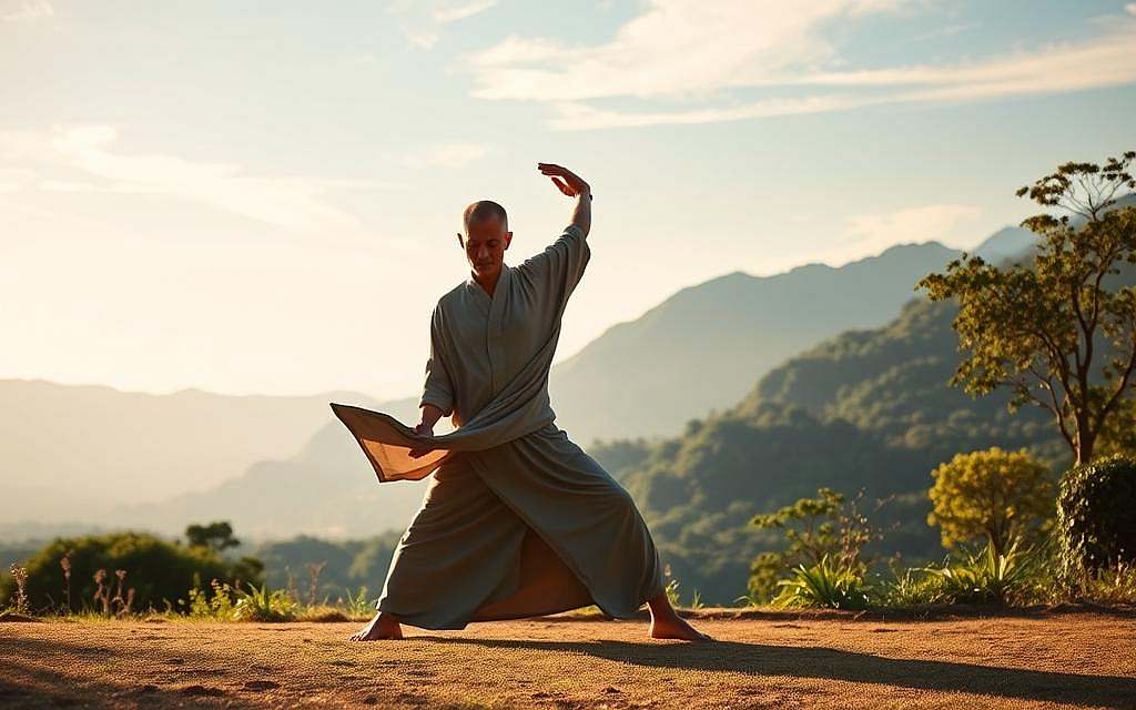 A serene, meditative scene of Qigong movements unfolding in a tranquil natural setting. In the foreground, a person in flowing robes performs a graceful sequence of postures, their movements fluid and deliberate. The middle ground reveals a lush, verdant landscape, with mountains rising in the distance. Soft, diffused lighting bathes the scene in a warm, ethereal glow, creating a sense of calm and introspection. The background features a clear, expansive sky, with wispy clouds drifting overhead. An atmosphere of harmony and inner balance pervades the image, inviting the viewer to experience the healing power of conscious, mindful movement.