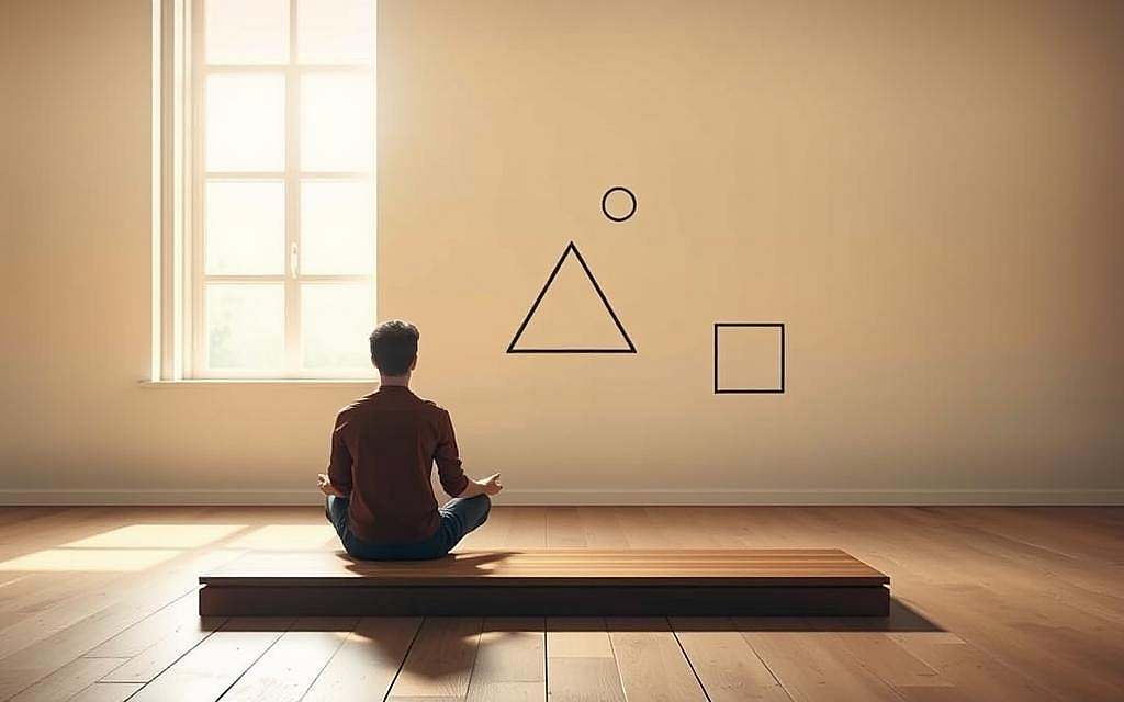 A serene, minimalist scene depicting practical steps towards self-actualization. In the foreground, a person sits cross-legged on a wooden platform, deep in contemplation. Soft, natural lighting filters through a large window, casting a warm glow. In the middle ground, simple geometric shapes - a triangle, circle, square - represent the key pillars of personal growth. The background features a clean, uncluttered space with muted tones, allowing the focal points to take center stage. The overall atmosphere is one of calm introspection and clarity of purpose, encouraging the viewer to reflect on their own journey of self-discovery.
