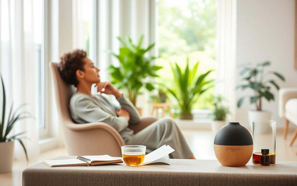 A serene, minimalist scene depicting strategies for managing daily life with bipolar disorder. In the foreground, a person sits in a comfortable chair, deep in contemplation, surrounded by simple self-care tools like a journal, a mug of herbal tea, and a diffuser releasing calming essential oils. The middle ground showcases a tranquil indoor garden, with lush greenery and natural light filtering in through large windows. In the background, a clean, uncluttered living space conveys a sense of order and control. The overall mood is one of quiet resilience, highlighting the importance of mindfulness, routine, and self-compassion in coping with the challenges of bipolar disorder.
