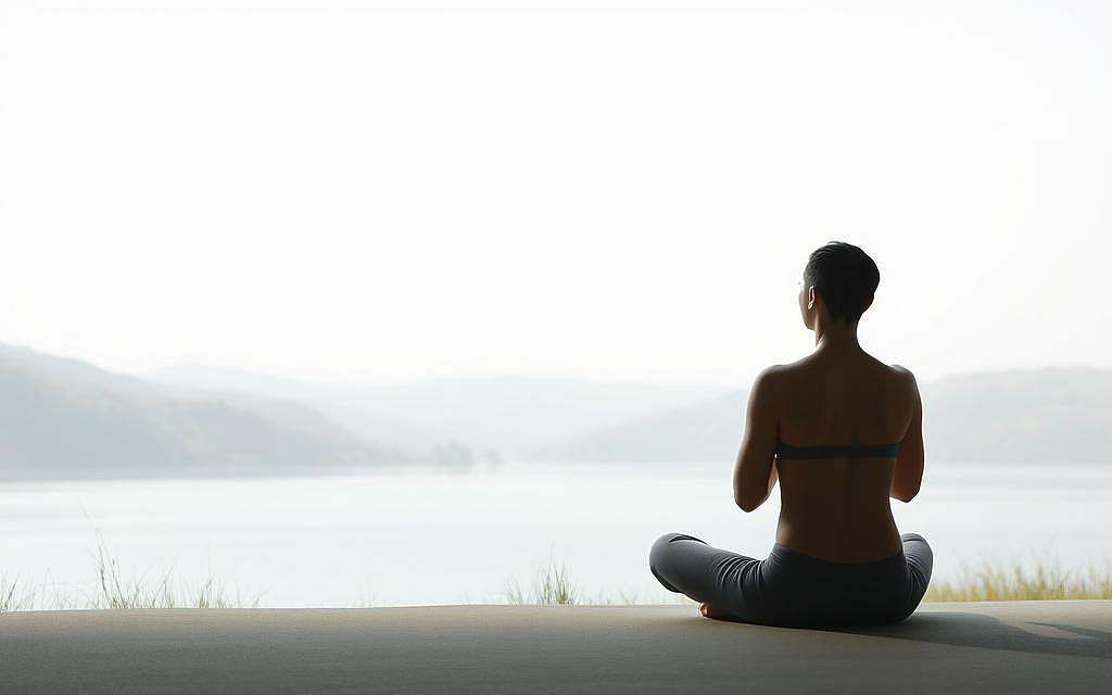 A serene, minimalist scene depicting the concept of "Psychosomatische Medizin". In the foreground, a person sits cross-legged in a meditative pose, their eyes closed as they practice mindful breathing. The background features a simple, natural landscape with rolling hills, a calming body of water, and a soft, diffused lighting that creates a sense of tranquility. The composition emphasizes the connection between the mind and body, with the person's pose and the natural setting conveying a sense of balance, harmony, and stress relief. The overall mood is one of introspection, self-awareness, and the holistic approach to health and well-being.