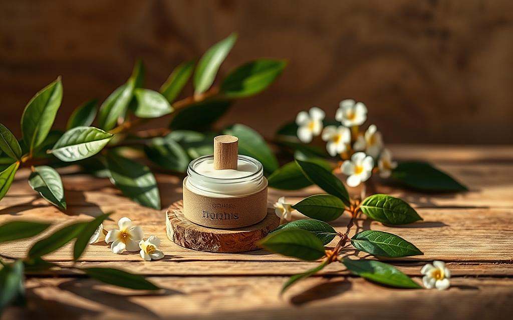 A serene, minimalist scene of a hand-crafted natural skincare product on a wooden surface, surrounded by lush green leaves and delicate floral accents. Warm, soft lighting casts a gentle glow, emphasizing the organic textures and earthy tones. The composition evokes a sense of harmony, sustainability, and the restorative power of nature-based cosmetics. The image conveys the concept of "Nachhaltigkeit in der Naturkosmetik" - the commitment to environmentally-friendly, ethically-sourced, and naturally-derived ingredients in the production of skin care products.