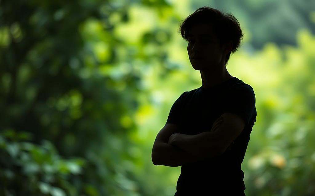 A serene, minimalist scene of a person setting healthy boundaries. In the foreground, a person stands with arms crossed, their expression calm yet determined. They are silhouetted against a soft, blurred background of lush greenery, hinting at a peaceful, natural setting. The lighting is soft and diffused, creating a sense of introspection and self-reflection. The composition is balanced, with the person centrally placed, conveying a sense of inner strength and resolve. The overall mood is one of tranquility and personal empowerment, reflecting the act of setting healthy boundaries.