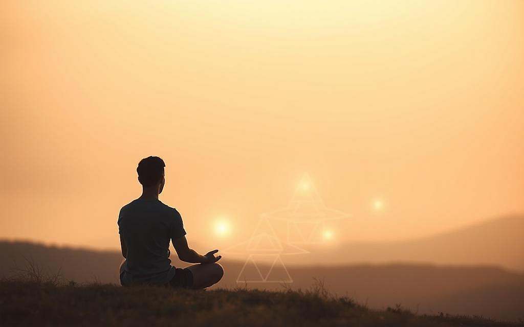A serene, modern spiritual landscape. In the foreground, a solitary figure sits in contemplative meditation, their face partially obscured by a warm, diffuse light. The middle ground features abstract, glowing geometric shapes and forms, suggesting a connection to the divine. In the background, a soft, hazy skyline with muted colors and a sense of tranquility. The scene is bathed in a gentle, ethereal lighting, creating an atmosphere of introspection and inner peace. The overall composition evokes a sense of harmony between the physical and the metaphysical, the material and the spiritual.
