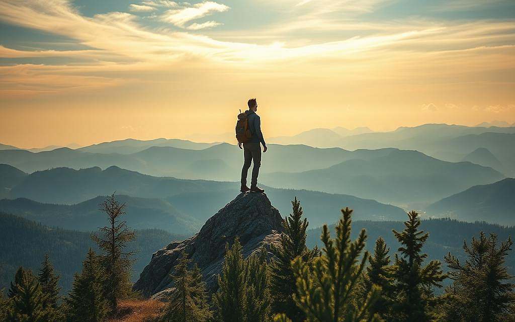 A serene mountainous landscape, with a lone figure standing tall and resilient atop a rocky outcrop, gazing out at the rolling hills and valleys below. Warm, golden sunlight filters through wispy clouds, casting a hopeful glow across the scene. In the foreground, a lush forest of evergreen trees, their branches swaying gently in a light breeze. The figure, clad in hiking gear, represents the individual's journey towards developing resilience, symbolizing their ability to overcome challenges and find inner strength. The tranquil atmosphere and the expansive view evoke a sense of personal growth, introspection, and the capacity to bounce back from setbacks.