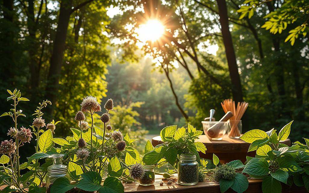 A serene, natural scene depicting the practice of phytotherapy. In the foreground, a collection of lush, vibrant medicinal herbs and plants, their leaves and flowers gently swaying in a soft breeze. The middle ground features a wooden table or workbench, upon which rests various glass jars, mortar and pestles, and other phytotherapeutic tools and ingredients. Sunlight filters through the canopy of a dense, verdant forest in the background, casting a warm, golden glow over the entire scene. The atmosphere is one of tranquility, healing, and a deep connection to the natural world.