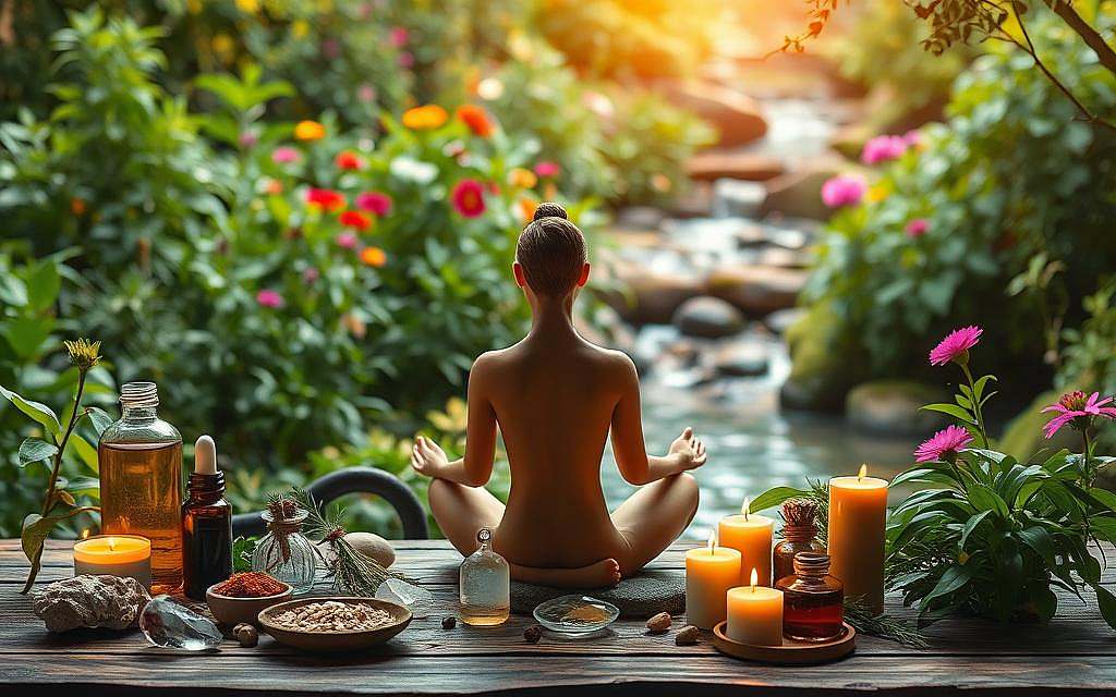A serene, natural scene showcasing the harmonious integration of alternative healing modalities. In the foreground, a figure sits in a meditative pose, surrounded by an array of herbal remedies, crystals, and aromatic candles. The middle ground features a lush, verdant garden, with vibrant flowers and plants that symbolize the restorative power of nature. In the background, a tranquil stream flows, its gentle sounds complementing the peaceful atmosphere. The lighting is soft and diffused, creating a warm, inviting ambiance that evokes a sense of holistic well-being. The overall composition conveys a balanced and holistic approach to health, reflecting the principles of salutogenesis.