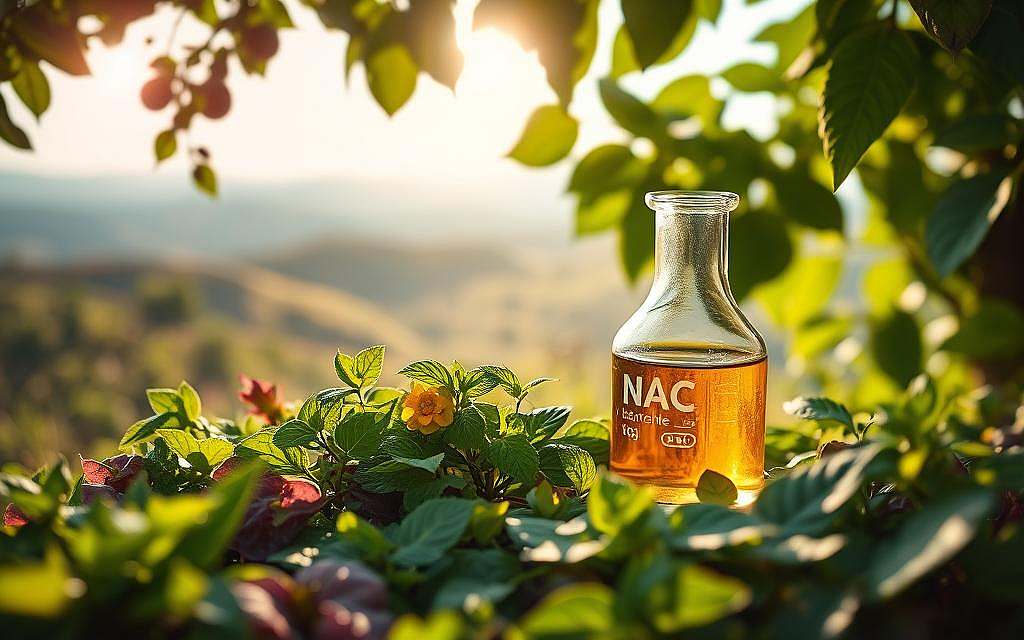 A serene, natural setting with lush foliage and a calming atmosphere. In the foreground, an array of vibrant, organic herbs and plants, capturing the essence of natural medicine. In the middle ground, a glass beaker filled with a golden liquid, representing the potent extract of N-Acetylcysteine (NAC). Sunlight filters through the leaves, casting a warm, inviting glow over the scene. The background features a tranquil landscape, with rolling hills and a distant horizon, conveying a sense of harmony and balance. The overall composition evokes a sense of wellness, vitality, and the power of natural remedies.