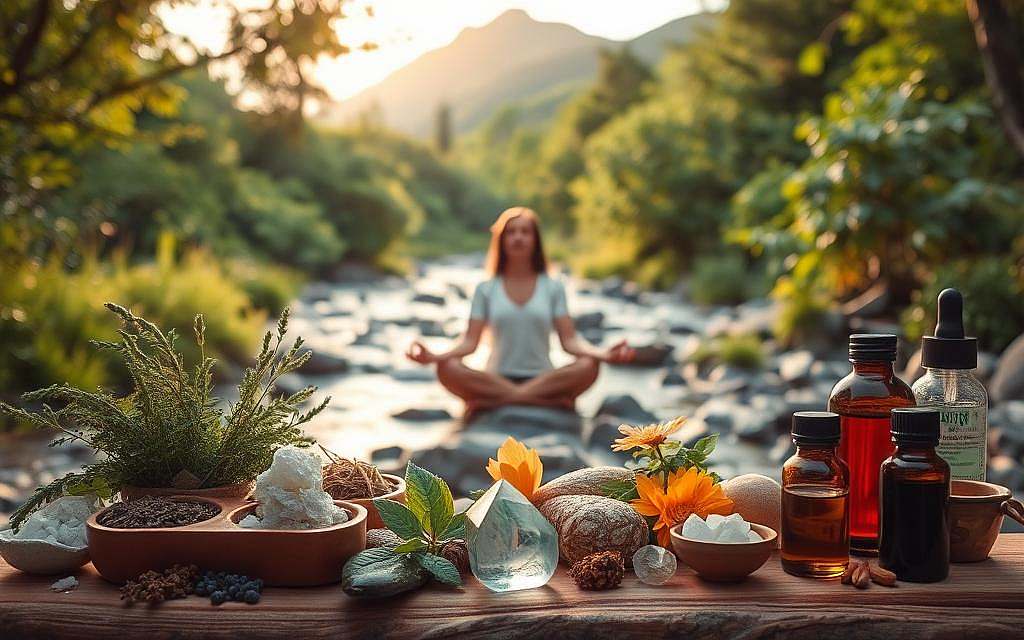 A serene, natural setting with lush greenery and a gentle stream. In the foreground, an array of holistic remedies, including herbs, crystals, and essential oils, are arranged harmoniously. In the middle ground, a person sits cross-legged, eyes closed, deep in meditation, surrounded by the natural elements. Soft, warm lighting filters through the scene, creating a soothing, calming atmosphere. In the background, a mountainous landscape emerges, evoking a sense of balance and tranquility. The overall composition conveys the integration of NAC with other complementary healing modalities, fostering a holistic approach to well-being.