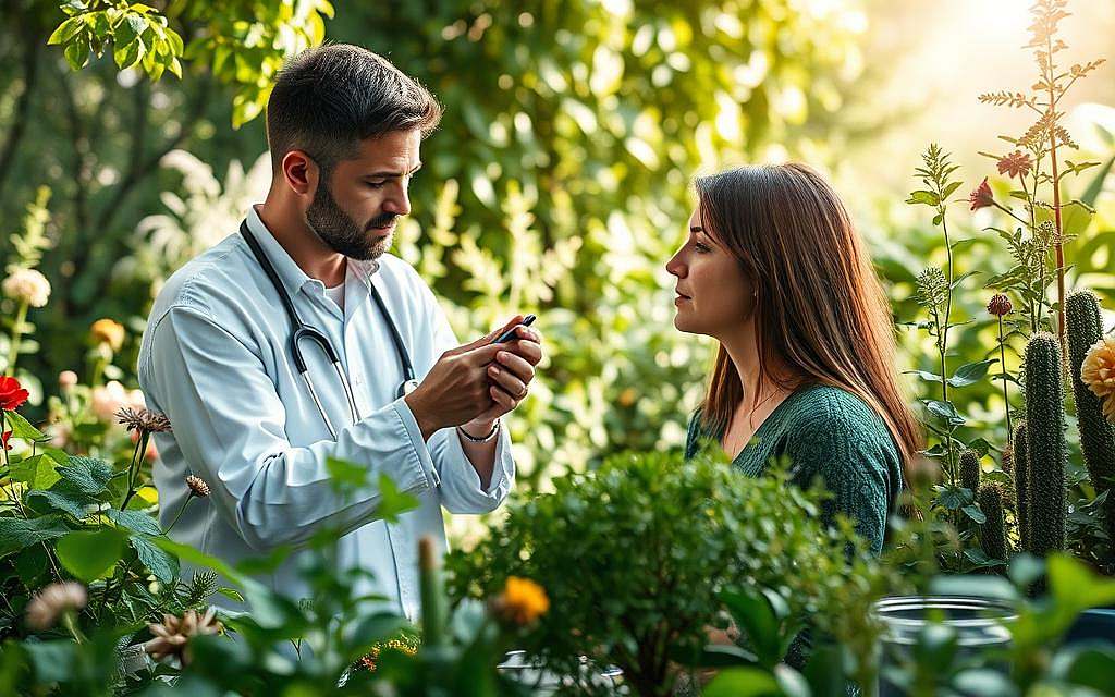 A serene, natural setting with lush greenery, featuring an array of medicinal herbs and plants. In the foreground, a central focus on a Komplementärmedizin (complementary medicine) practitioner carefully examining a patient, their faces conveying a sense of trust and connection. The background showcases a tranquil garden with various healing herbs, such as Borretsch, Vinca Minor, Kava Kava, Beinwell, and Pestwurz, artfully arranged to create a harmonious and calming atmosphere. Soft, natural lighting casts a warm glow, evoking a sense of serenity and wellness. The overall composition suggests a holistic approach to healthcare, where traditional and alternative medicine coexist in a serene, nature-inspired setting.