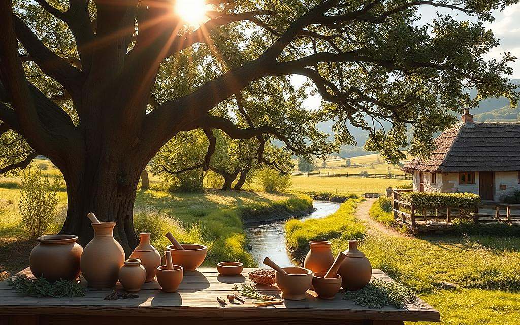A serene, pastoral scene depicting the traditional healing practices of ancient Germany. In the foreground, a weathered, wooden table is adorned with an array of earthen vessels, mortar and pestles, and freshly gathered herbs. Sunlight filters through the lush canopy of a sprawling oak tree, casting a warm, golden glow upon the scene. In the middle ground, a tranquil stream meanders through a verdant meadow, its banks lined with wildflowers. In the distance, a humble, thatched-roof cottage nestles amidst rolling hills, a testament to the symbiotic relationship between nature and the healing arts. The overall atmosphere evokes a sense of timelessness, wisdom, and the enduring power of traditional knowledge.