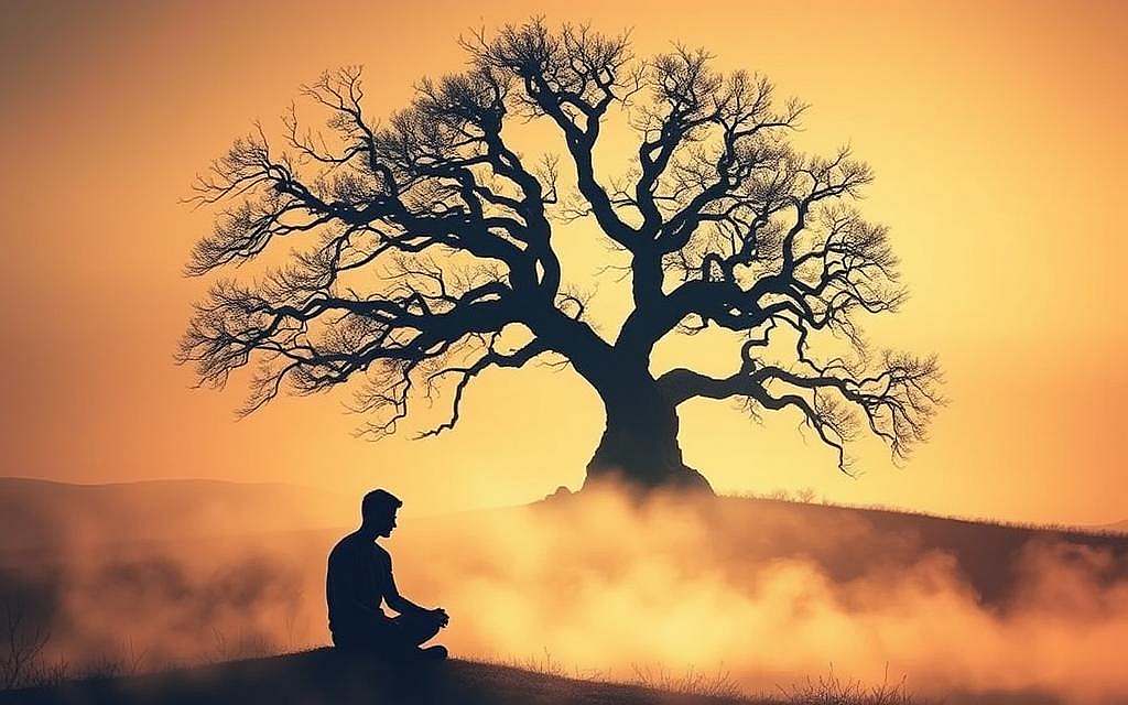 A serene, philosophical landscape bathed in warm, muted light. In the foreground, a lone figure sits cross-legged, deep in contemplation, their features obscured by shadow. Surrounding them, a soft, ethereal mist swirls, evoking a sense of the ephemeral nature of identity. In the middle ground, a towering, ancient tree stands, its twisted branches reaching skyward, symbolizing the complexity and evolution of the self. The background is a hazy, dreamlike horizon, hinting at the vast, unknowable mysteries of existence. The overall mood is one of introspection, wonder, and the search for meaning in a constantly changing world.